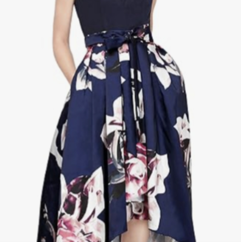 S.L. Fashions Women's Sleeveless Jersey V-Neck Hi-lo Floral Dress with Pockets